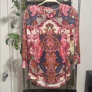 OneWorld Paisley Baroque Pattern studded 3/4 Sleeves Round Neck Stretchy Top NWT